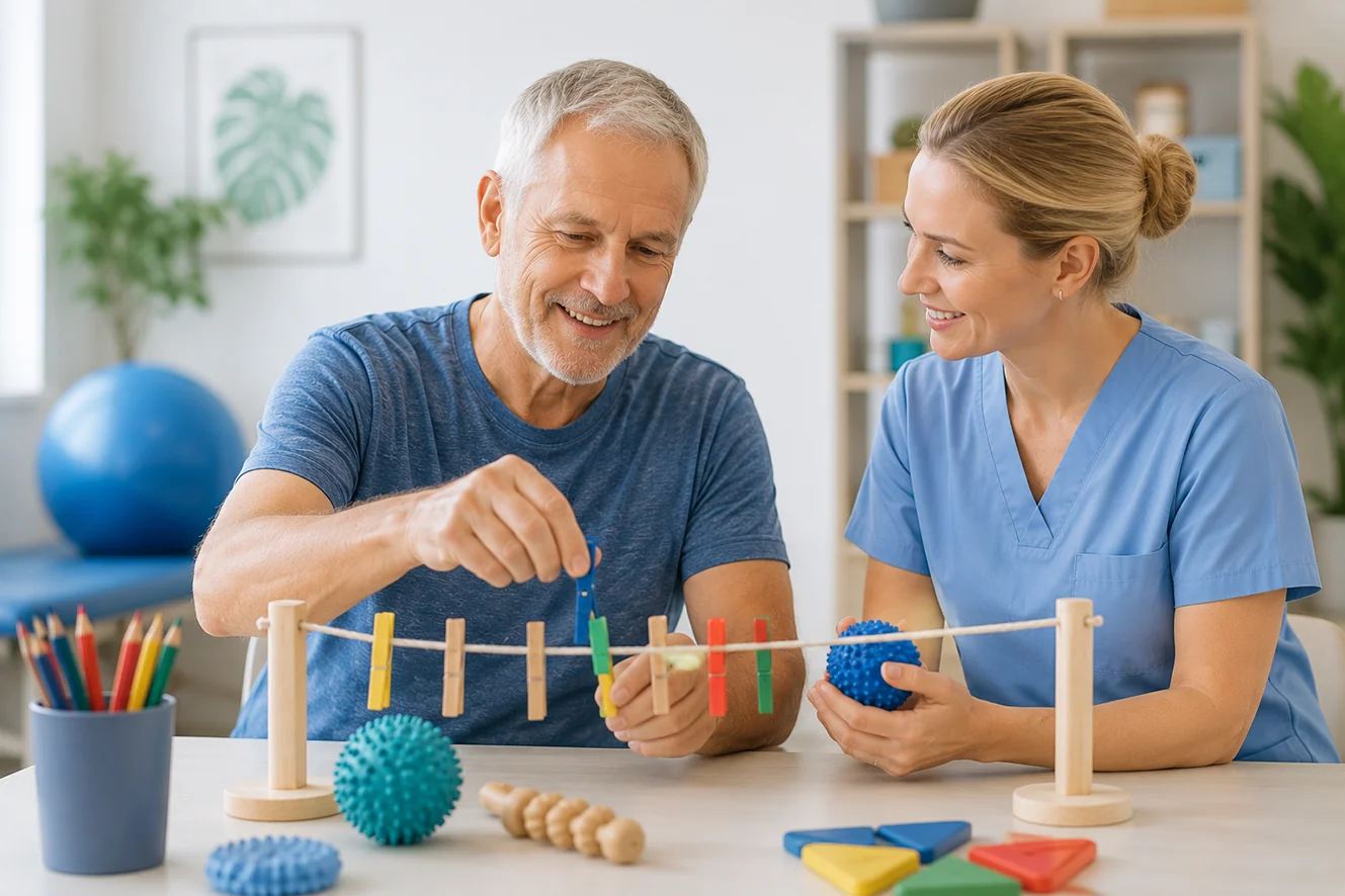 Modernes weißes Gebäude des Therapiezentrums Reform Magdeburg mit grünen Schildern, großen Fenstern und mit Sträuchern gesäumten Gehwegen.