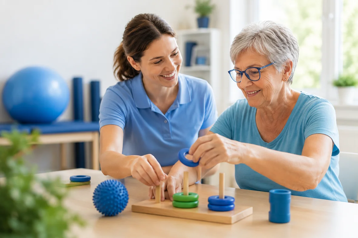 Modernes weißes Gebäude des Therapiezentrums Reform Magdeburg mit grünen Schildern, großen Fenstern und mit Sträuchern gesäumten Gehwegen.